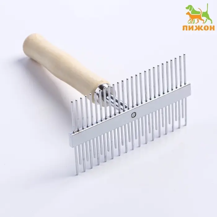 Расчёска перпендикулярная для шерсти Wood двухсторонняя, деревянная ручка