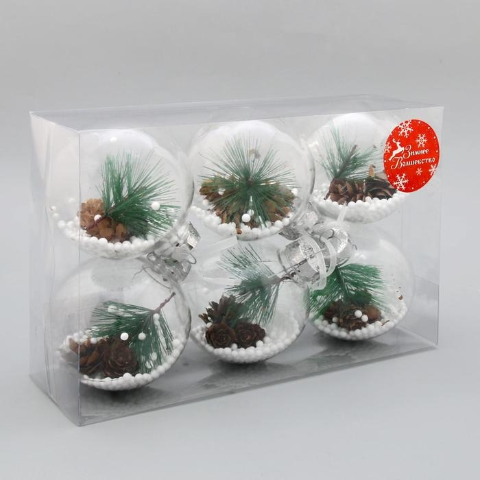 Набор шаров пластик d-8 см, 6 шт Набор шаров пластик d-8 см, 6 шт "Льдинка - шишки" прозрачный