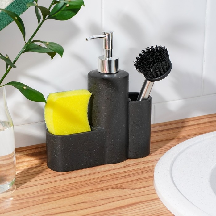 Дозатор для моющего средства с подставкой для губки и щётки «Минимал», 350 мл, цвет тёмно-коричневый Дозатор для моющего средства с подставкой для губки и щётки «Минимал», 350 мл, цвет тёмно-коричневый