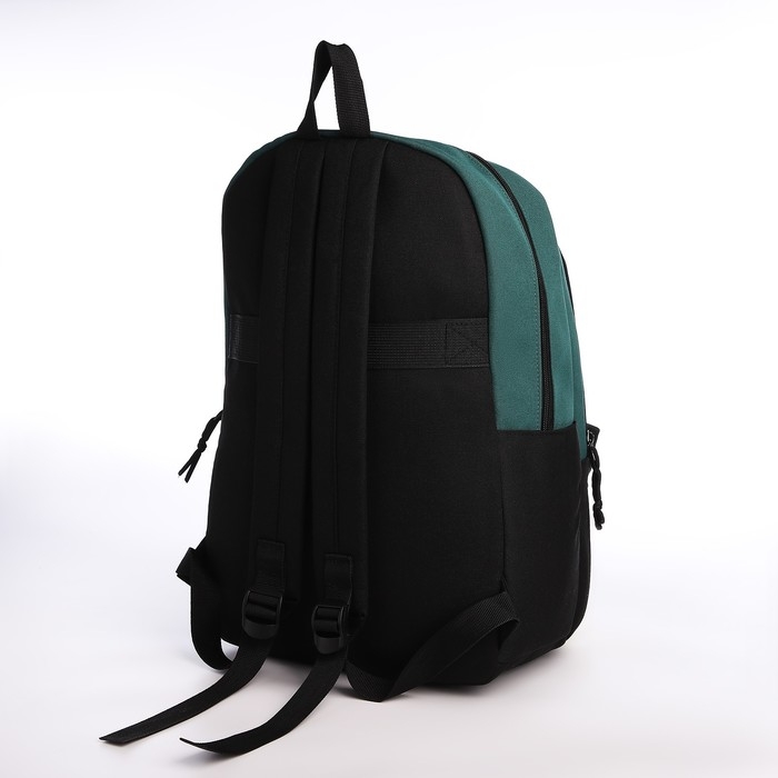Рюкзак школьный из текстиля на молнии, 3 кармана, сумка, держатель для чемодана, цвет чёрный/зелёный Рюкзак школьный из текстиля на молнии, 3 кармана, сумка, держатель для чемодана, цвет чёрный/зелёный