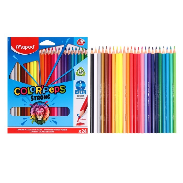 Карандаши 24 цвета Maped Color Peps Strong пластиковые, повышенной прочности, европодвес Карандаши 24 цвета Maped Color Peps Strong пластиковые, повышенной прочности, европодвес