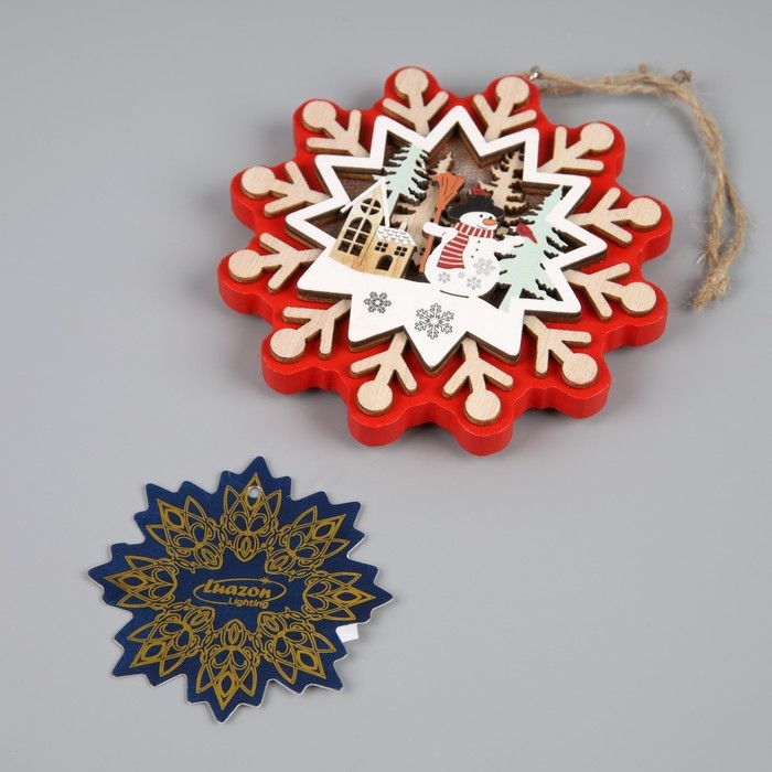 Ёлочная игрушка «Снежинка со снеговиком», от батареек, свечение тёплое белое Ёлочная игрушка «Снежинка со снеговиком», от батареек, свечение тёплое белое