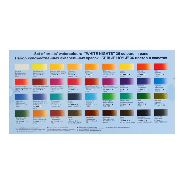 Акварель художественная в кюветах, 36 цветов х 2.5 мл, ЗХК  Акварель художественная в кюветах, 36 цветов х 2.5 мл, ЗХК "Белые ночи", пластиковая палитра, 1942258