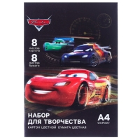 Набор «Тачки» А4: 8 л. цв. одност. мел. картона и 8 л. цв. двуст. бумаги, Тачки