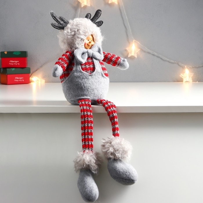 Кукла интерьерная Кукла интерьерная "Мальчишка в шапке с рожками, серо-красный" длинные ножки 54х17х11,5 см