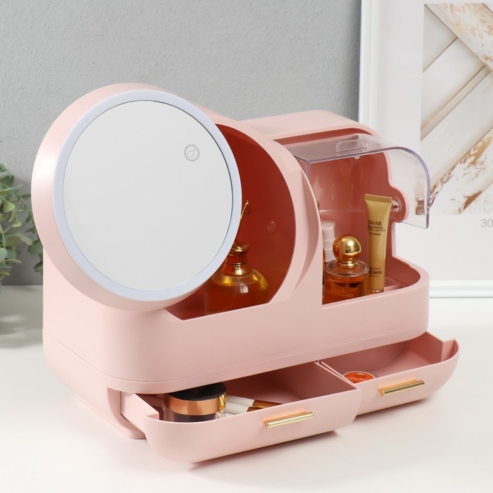 Шкатулка для косметики пластик, зеркало с подсветкой Шкатулка для косметики пластик, зеркало с подсветкой "Светло-розовая" 37,5х22х31 см
