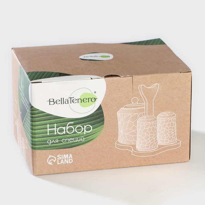 Набор фарфоровый для специй BellaTenero «Кракле», 3 предмета: солонка 100 мл, перечница 100 мл, сахарница с ложкой 350 мл, цвет белый