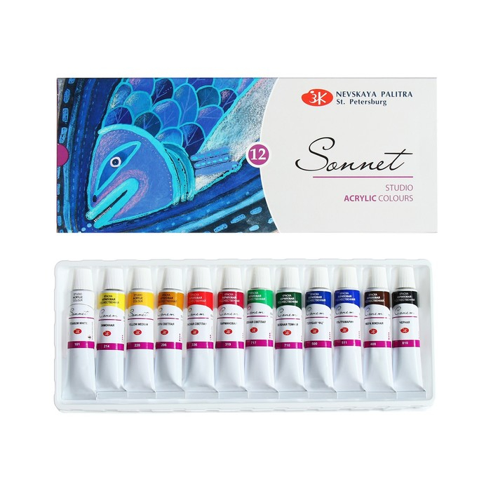 Краска акриловая в тубе, набор 12 цветов х 10 мл, ЗХК Краска акриловая в тубе, набор 12 цветов х 10 мл, ЗХК "Сонет", художественная, 2841095