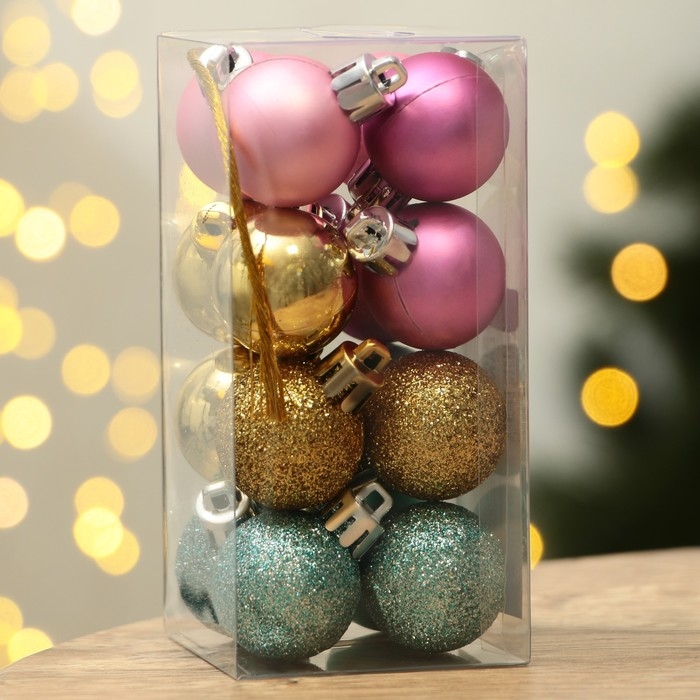 Шары ёлочные новогодние, на Новый год, пластик, d=3 см, 16 шт., цвет голубой, розовый и золотой Шары ёлочные новогодние, на Новый год, пластик, d=3 см, 16 шт., цвет голубой, розовый и золотой