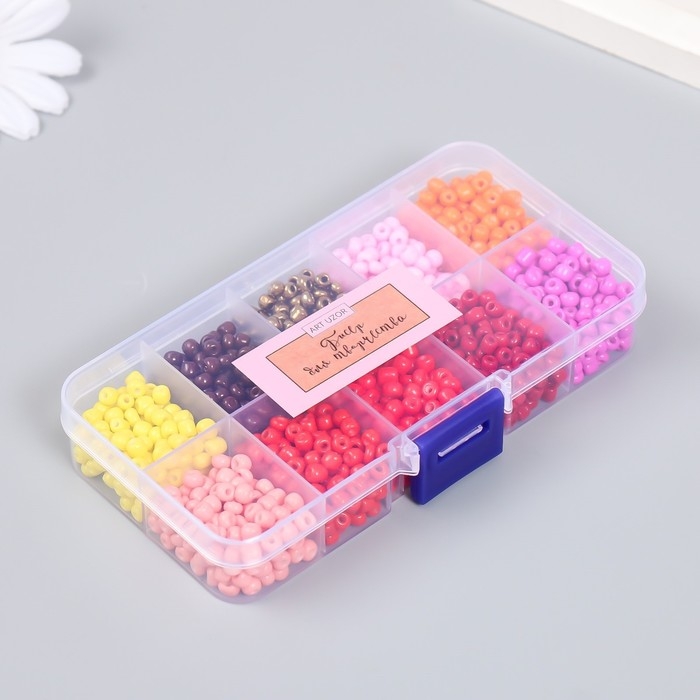 Бисер стекло 6/0 в шкатулке 10 делений  Бисер стекло 6/0 в шкатулке 10 делений "Красно-розовый" 1 деление=10 гр 12,8х6,5х2,2 см