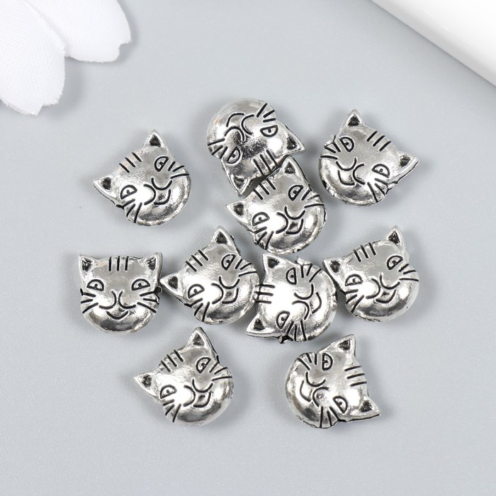 Бусина для творчества металл Бусина для творчества металл "Котик" набор 10 шт серебро 1,1х1,1 см