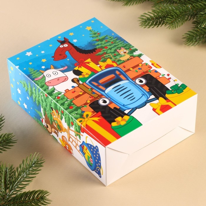 Коробка подарочная, Коробка подарочная, "С Новым годом", 16 х 23 х 7,5 см, Синий трактор