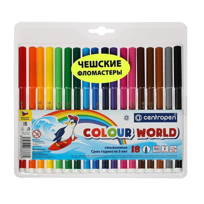 Фломастеры 18 цветов 2.0 мм Centropen 7550 ТП Colour World, смываемые, блистер, европодвес Фломастеры 18 цветов 2.0 мм Centropen 7550 ТП Colour World, смываемые, блистер, европодвес