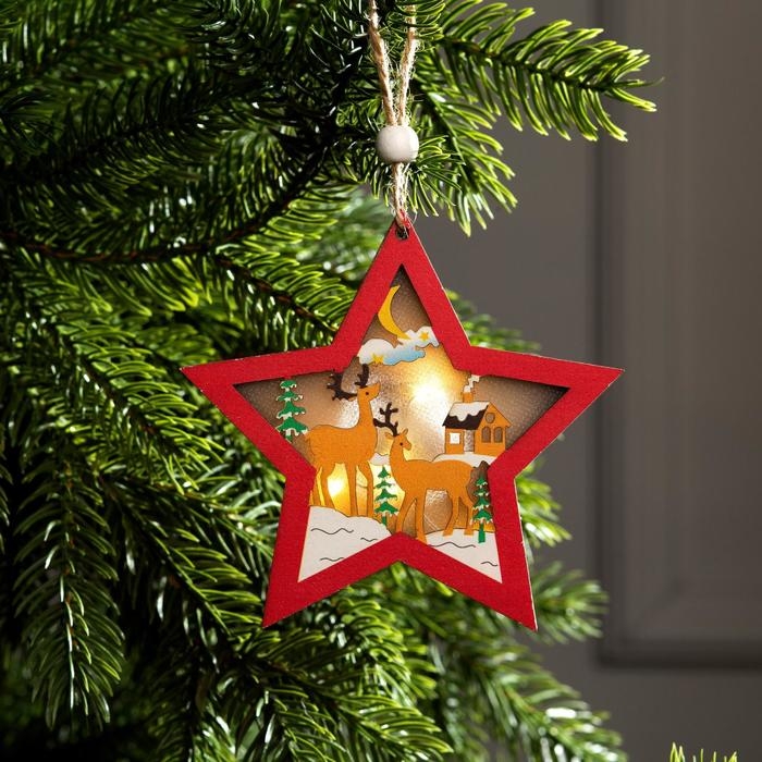 Ёлочная игрушка «Красная звезда с оленями», от батареек, свечение тёплое белое Ёлочная игрушка «Красная звезда с оленями», от батареек, свечение тёплое белое