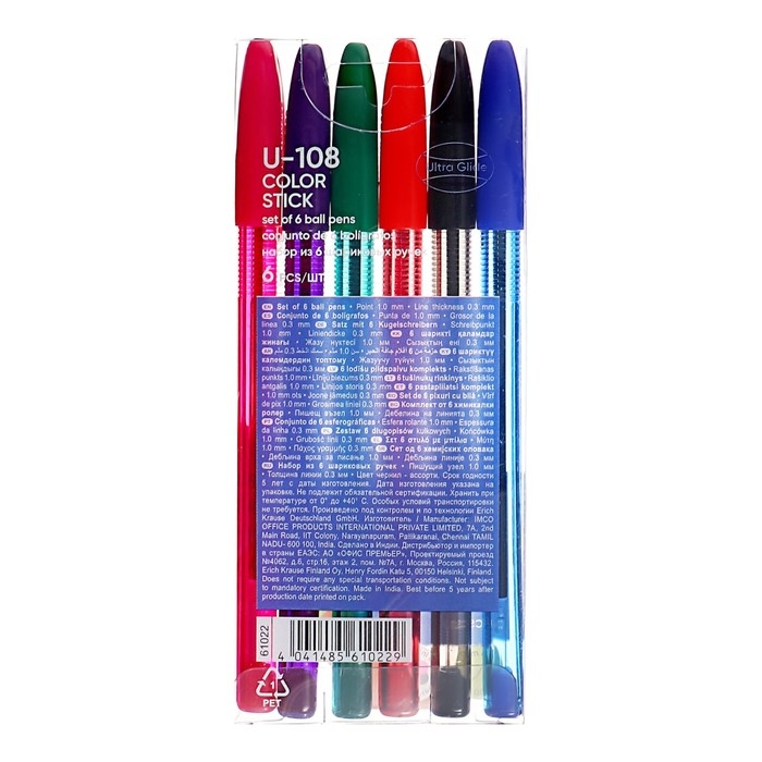 Набор из 6 ручек шариковых, ErichKrause U-108 Stick Color, узел 1.0 мм, длина линии письма 1000 метров, МИКС
