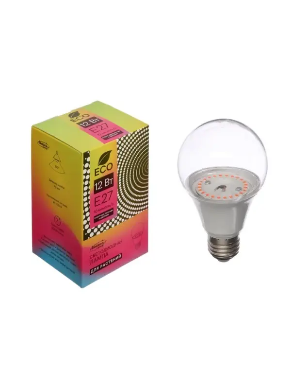 Фитолампа для растений Luazon Lighting, светодиодная, А60, E27, 12 Вт, IP44, 220 В, 270&deg;, мультиспектральная