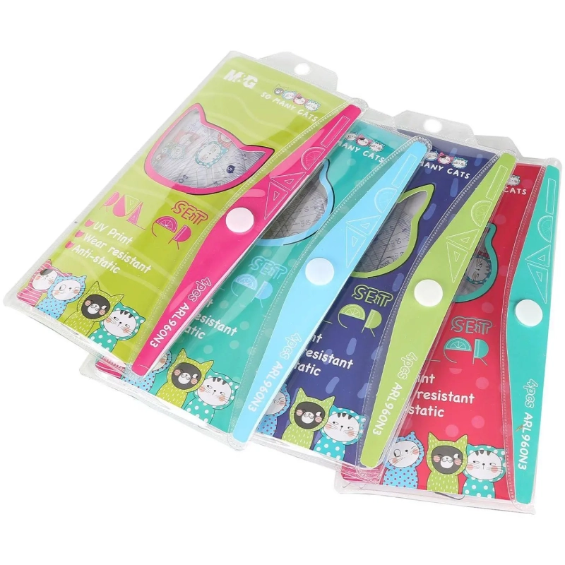 Набор чертежный M&G So Many Cats (линейка, транспортир, 2 треугольн), в асс