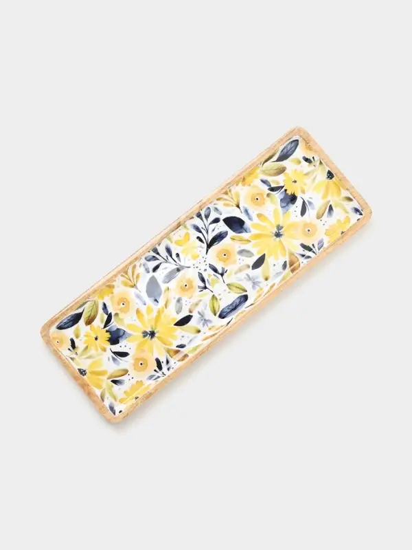 Блюдо прямоугольное &laquo;Желтые и синие цветы&raquo;, 41&times;15 см, дерево манго