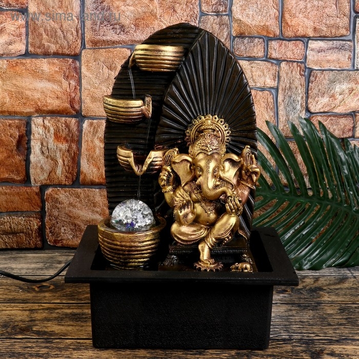 Фонтан настольный от сети, подсветка Фонтан настольный от сети, подсветка "Золотой Ганеша у водопада с чашами" 35х25х20 см