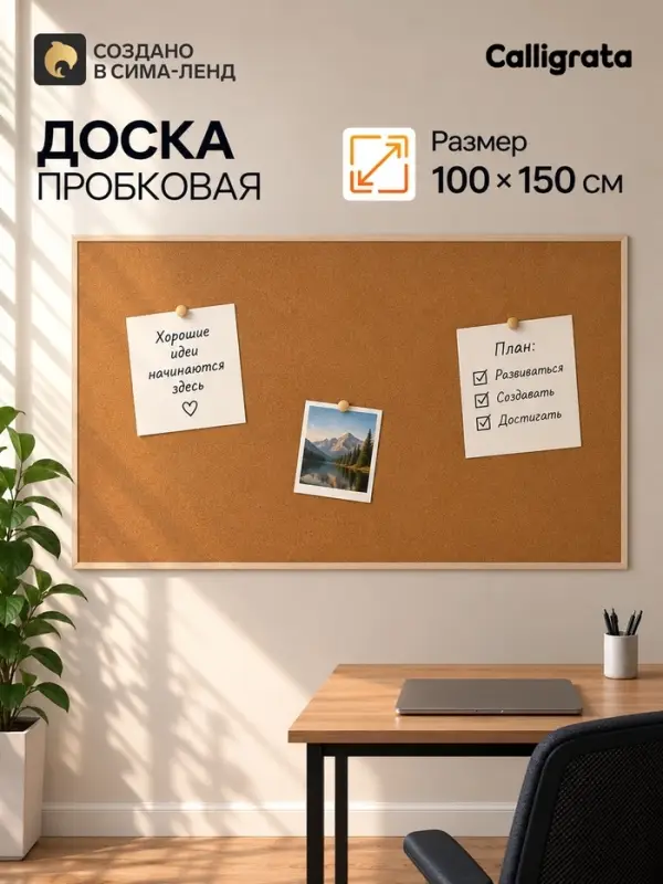 Доска пробковая, 100&times;150 см, в деревянной рамке, CALLIGRATA