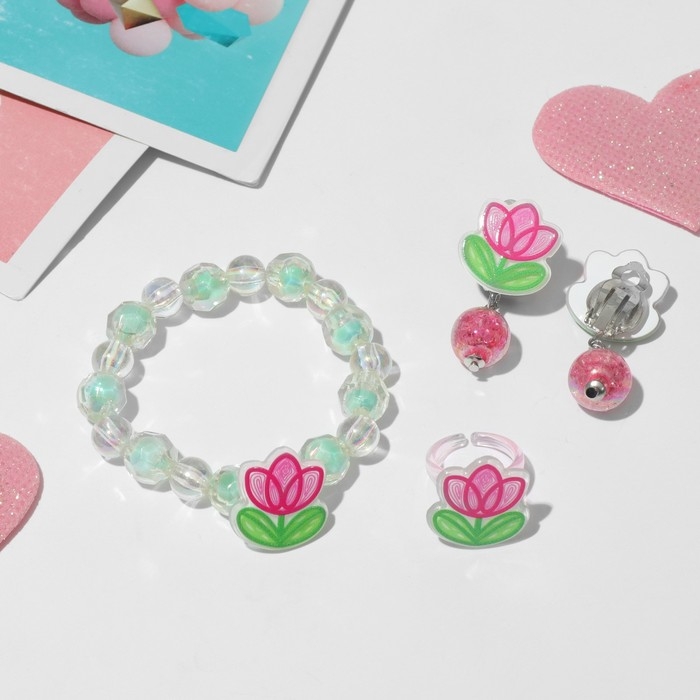 Набор детский «Выбражулька» 3 предмета: клипсы, браслет, кольцо, цветы тюльпаны, цветной Набор детский «Выбражулька» 3 предмета: клипсы, браслет, кольцо, цветы тюльпаны, цветной