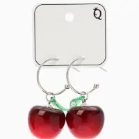 Серьги-кольца "Черешня с листочком", цвет бордовый в серебре