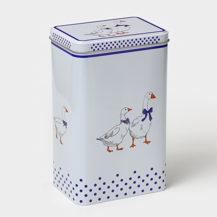 Банка для сыпучих продуктов «Гуси», 2,7 л, 13,5 х 9,5 х 21,5 см, жесть, цвет белый в горох