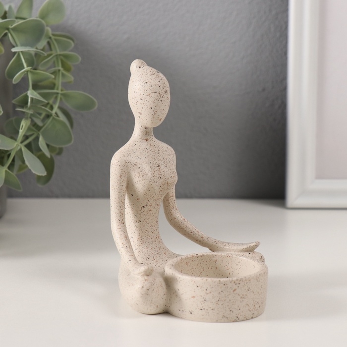 Подсвечник полистоун на 1 свечу "Девушка. Поза лотоса" белый в крапинку 8,3х8,5х11,7 см