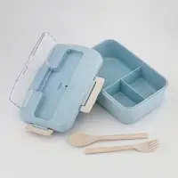 Ланч-бокс в школу TAKE IT EASY, 800 мл, 3 ячейки, с приборами, 12&times;7.6&times;20 см, пшеничная солома, голубой