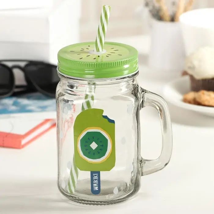 Кружка стеклянная с крышкой и трубочкой Доляна «Фреш», 450 мл, 11×7×13 см, рисунок МИКС Кружка стеклянная с крышкой и трубочкой Доляна «Фреш», 450 мл, 11×7×13 см, рисунок МИКС