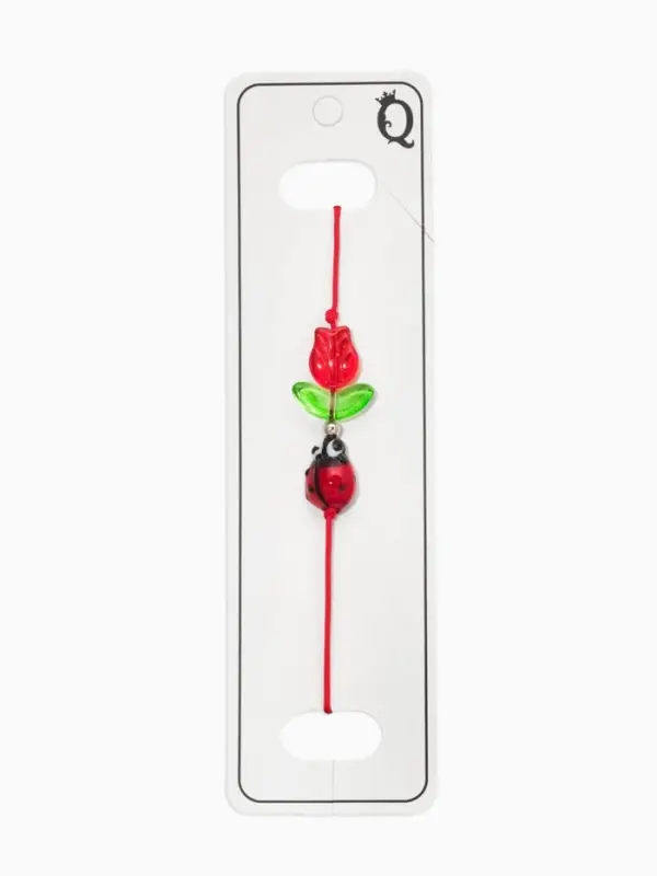 Браслет-оберег &laquo;Красная нить&raquo; тюльпан с божей коровкой, цвет красно-зелёный