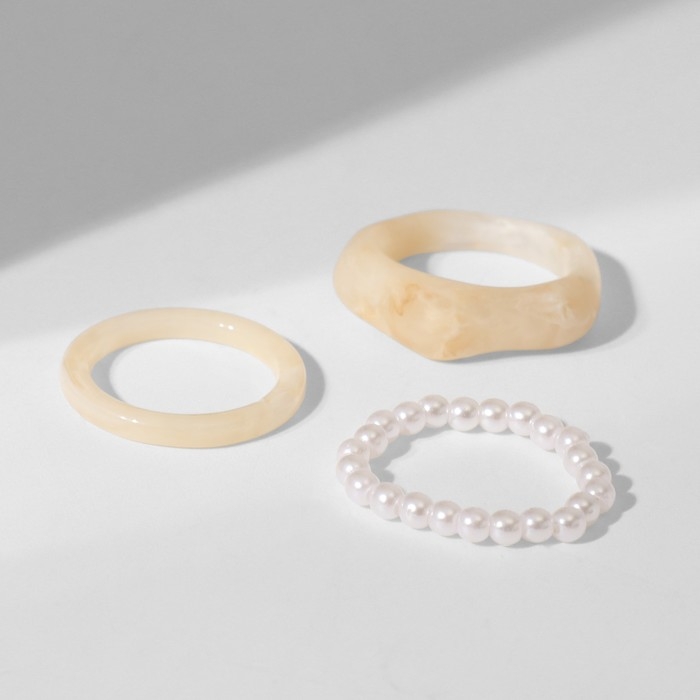 Кольцо набор 3 штуки «Кристаллы» жемчуг, цвет бежево-белый, размер МИКС