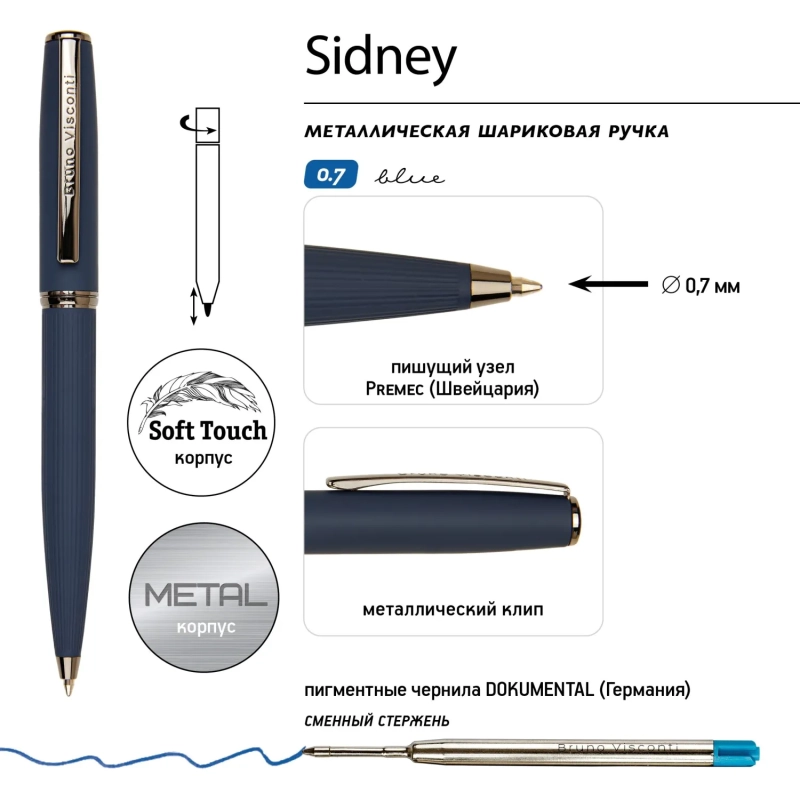 Ручка шариковая  SIDNEY 0.7мм,син,корп.син, футляр черный,20-0361/09
