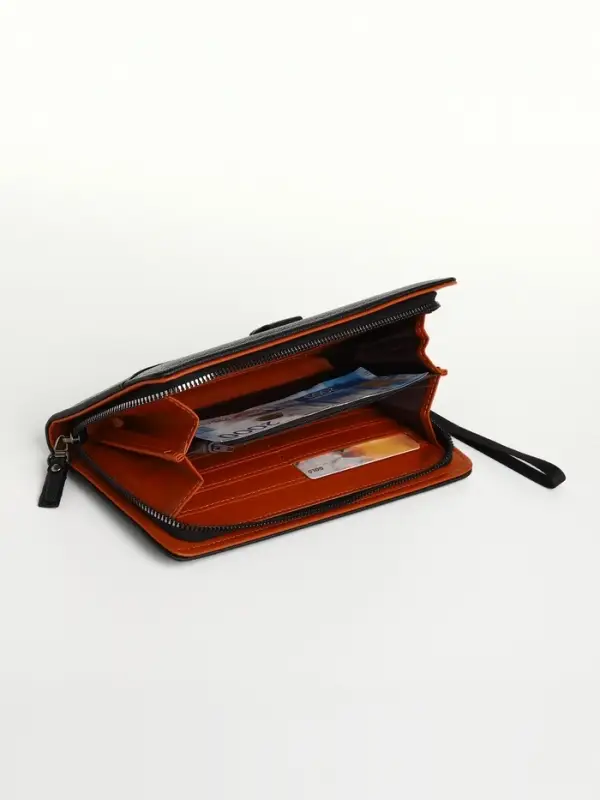 Портмоне-клатч мужской на молнии, с ручкой, наружный карман, чёрное