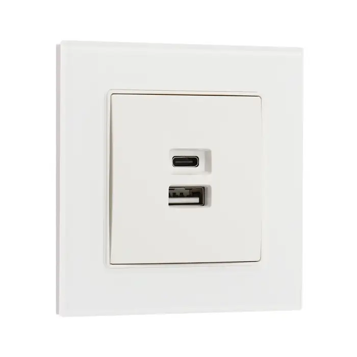 Розетка TOT Glossy Glass, 5 В, 2.1 A, разъёмы USB-A + USB-C, стекло, скрытая, белая