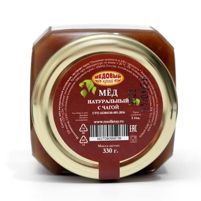Мед натуральный с чагой, 300 г, стекло Мед натуральный с чагой, 300 г, стекло
