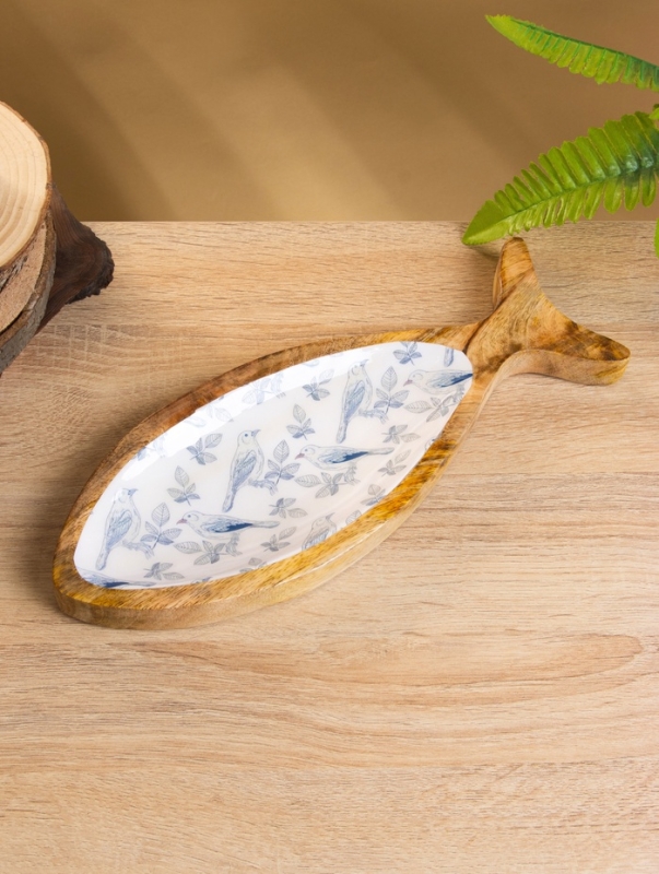 Блюдо в форме рыбки "Синие птицы" дерево манго 32х11,5х2 см