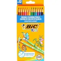 Карандаши 12 цветов BIC Kids Illusion, детские, шестигранные, с ластиком, стираемые