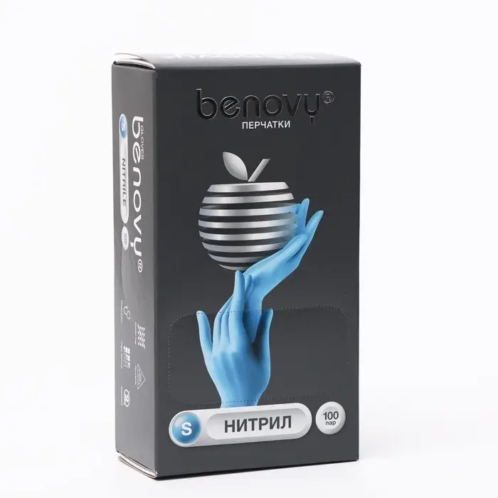 Перчатки Benovy, нитриловые, медицинские, голубые, 3 г, размер S, 100 пар/уп