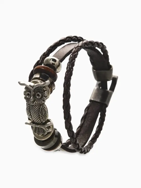 Браслет кожаный &laquo;Совушка&raquo;, L=20 см, коричневый в чернёном серебре
