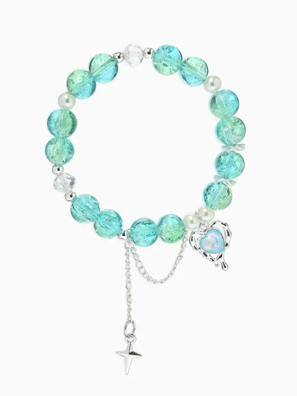 Браслет с подвесками &laquo;Сахарный. Сердце и искра&raquo;, шар № 10/8, d=6 см, зеленый, голубой в серебре