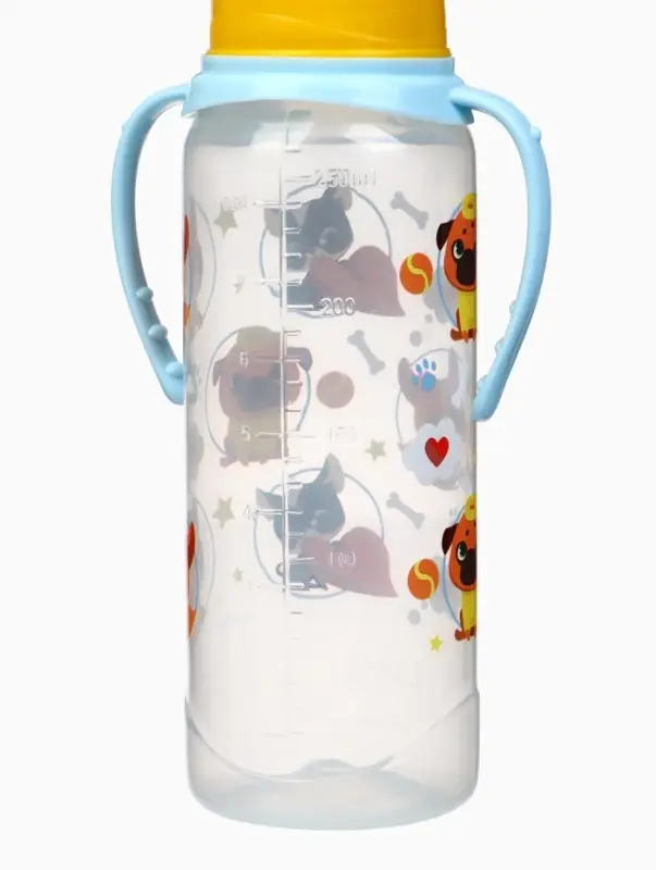 Бутылочка для кормления M&B &laquo;ТРЕНД. Песики&raquo;, классическое горло, с ручками, от 3 мес., 250 мл., цилиндр, голубой