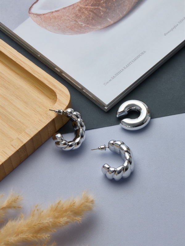 Набор серьги и каффы 3 шт. «Косичка» бублик, цвет серебро
