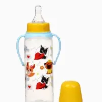 Бутылочка для кормления M&B &laquo;ТРЕНД. Песики&raquo;, классическое горло, с ручками, от 3 мес., 250 мл., цилиндр, голубой