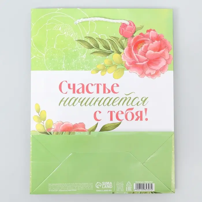 Пакет подарочный ламинированный, упаковка, «Счастье начинается с тебя», MS 18 х 23 х 8 см