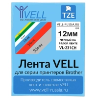 Картридж Vell VL-231CH(с чипом, 12 мм, черный на белом) PT-100E/100ECH/D200