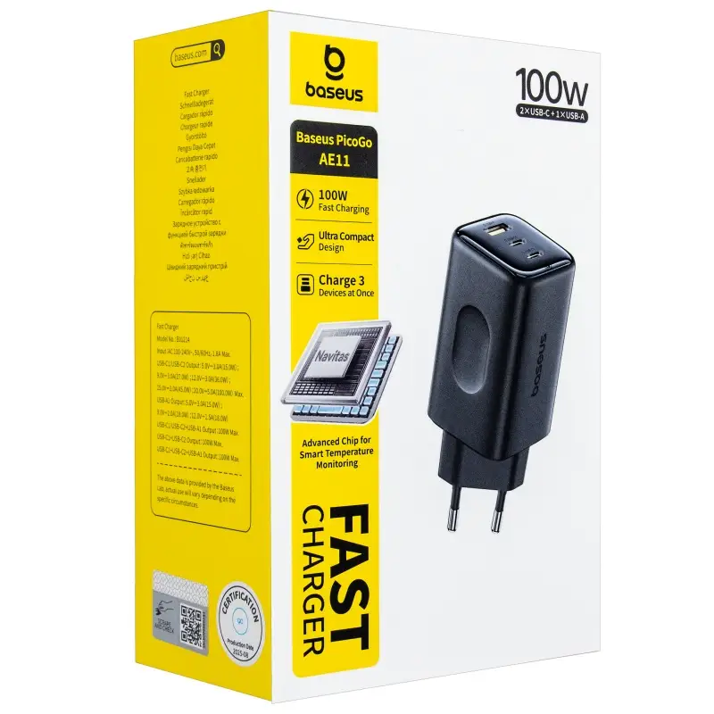 Переходник сетевого зарядного устройства на USB + 2 Type-C 100W E0121400 Baseus черный