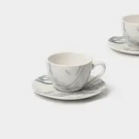 Чайный сервиз Magistro Real Marble, 2 персоны, 4 предмета: 2 чашки 120 мл, 2 блюдца d=12.5 см, фарфор, белый, серый