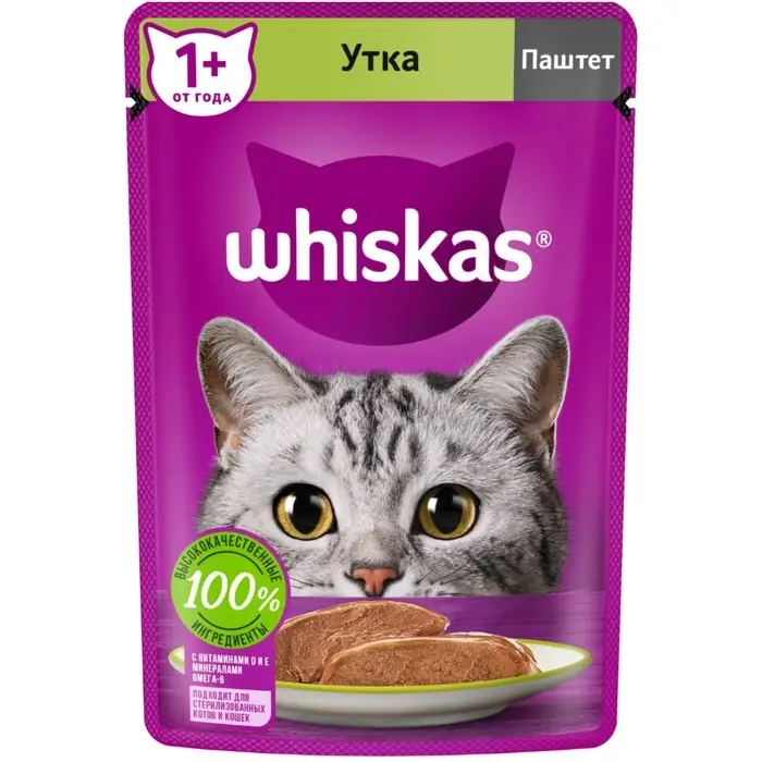 Влажный корм Whiskas для кошек, утка, паштет, 75 г Влажный корм Whiskas для кошек, утка, паштет, 75 г