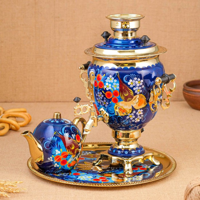 Набор «Птица на синем», жёлудь, 3 предмета, самовар 3 л, заварочный чайник 0,7 л, поднос Набор «Птица на синем», жёлудь, 3 предмета, самовар 3 л, заварочный чайник 0,7 л, поднос